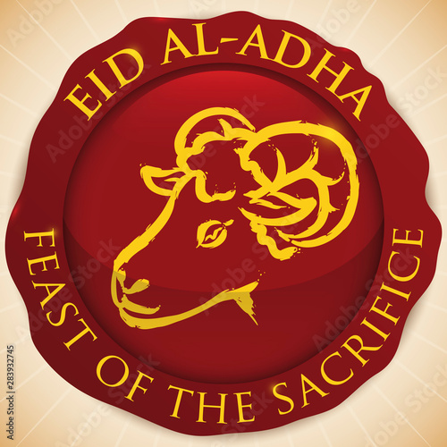 Round Button with Blood Spot and Ram for Eid al-Adha, Vector Illustration