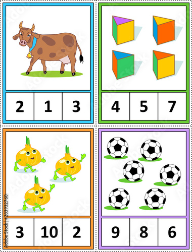 Autumn season themed counting 1 to 10 practice for kids worksheet or four task cards (when cut along the dotted lines): Count. Circle the correct answer. - Language independent.