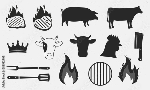 BBQ items set. Barbecue design elements. Steak, Pig and Cow silhouettes, crown. Cow, beef and Hen heads. Vector illustration