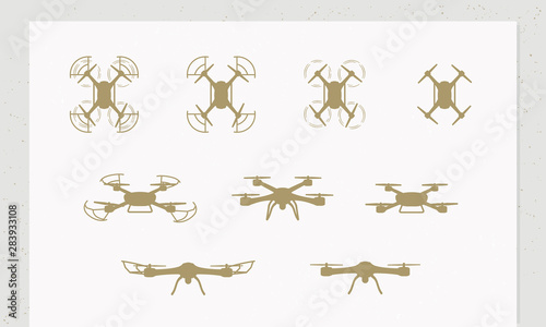 Set of 9 drone icons isolated on white background. Drone silhouettes - front and side views. 9 trendy design elements for create logo, label, emblem, poster.