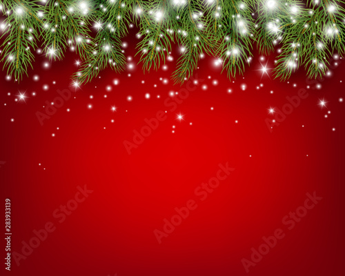 Border with green fir branches and lights on red background. Pine, xmas evergreen plants banner. Vector Christmas tree decoration.
