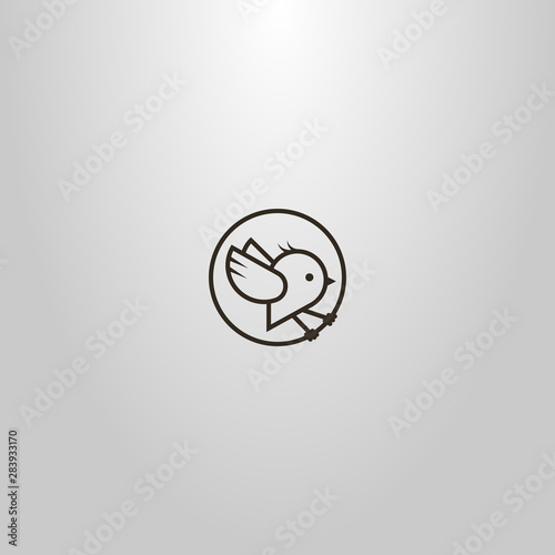 black and white simple vector line art sign of a cartoon little bird in a round frame