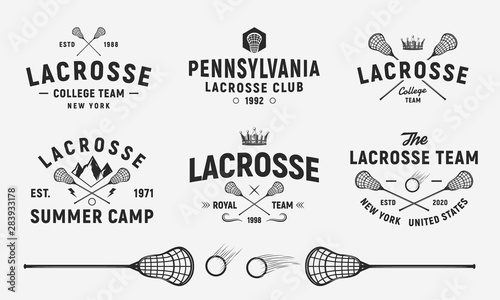 Lacrosse emblems, logos, badges templates. Set of 6 Lacrosse logos and 3 design elements. Lacrosse stick and ball isolated on white background. Lacrosse team vector emblems