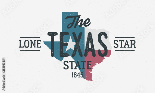 Texas State logo, poster. The Lone Star State. Print for T-shirt, typography. USA Texas flag map vintage design. Vector illustration