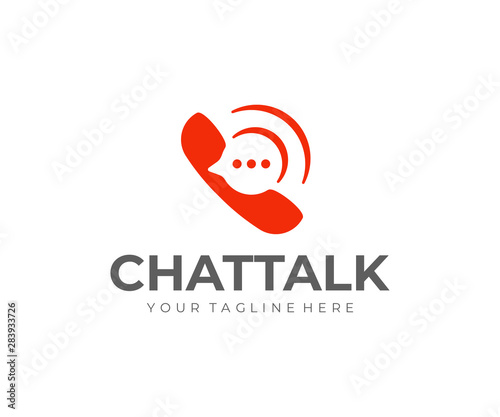 Phone receiver with speech bubble logo design. Retro telephone handset with message vector design. Messenger logotype