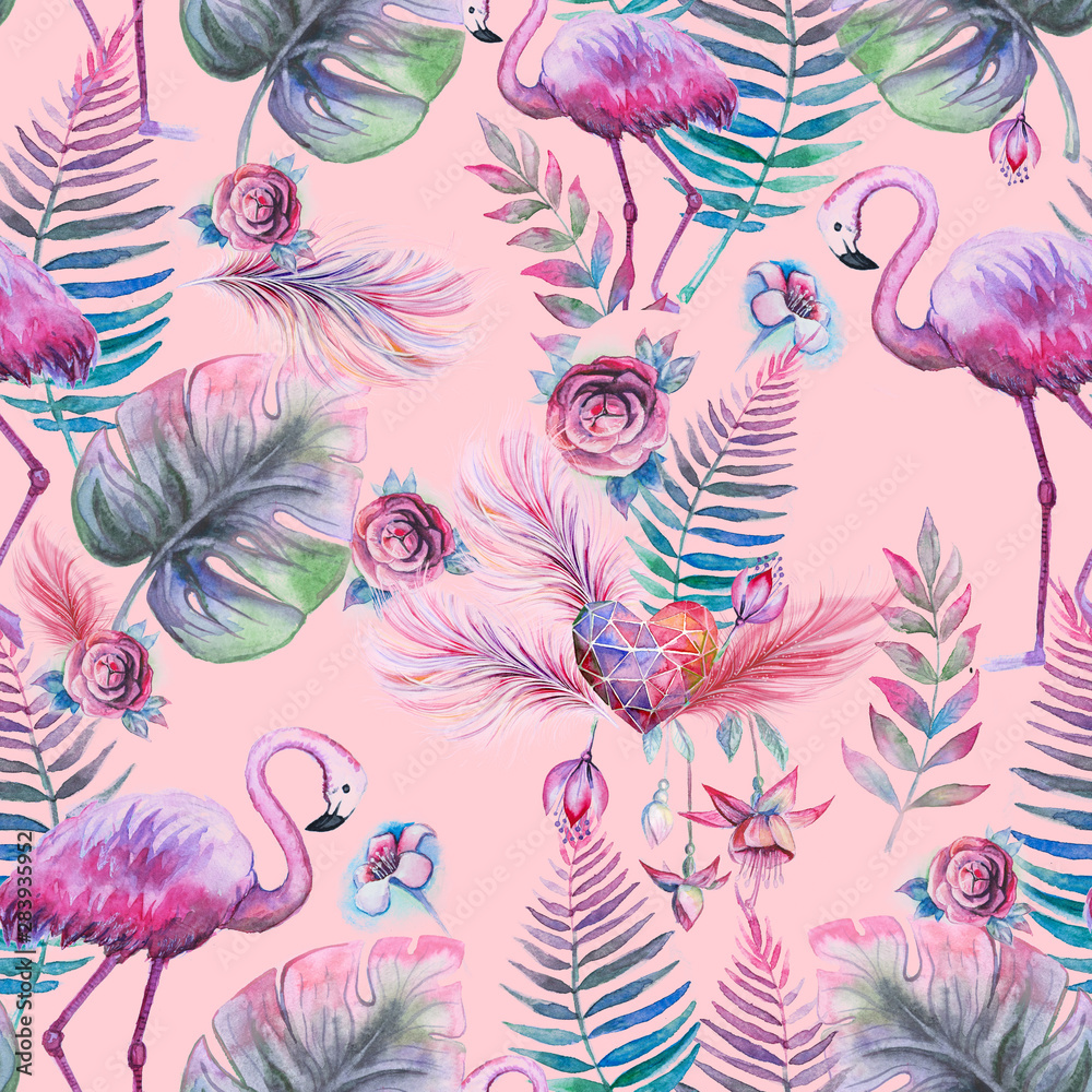 Fototapeta premium Tropical seamless floral pattern with watercolor palm leaves, flowers and pink flamingo. Purple, pink and green texture. Floral mix artwork