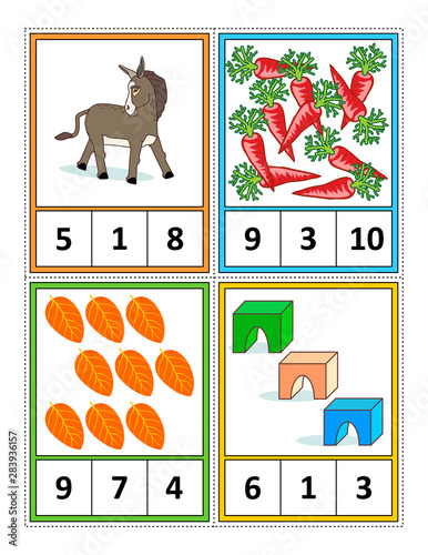 Autumn season themed counting 1 to 10 practice for kids worksheet or four task cards (when cut along the dotted lines): Count. Circle the correct answer. - Language independent.