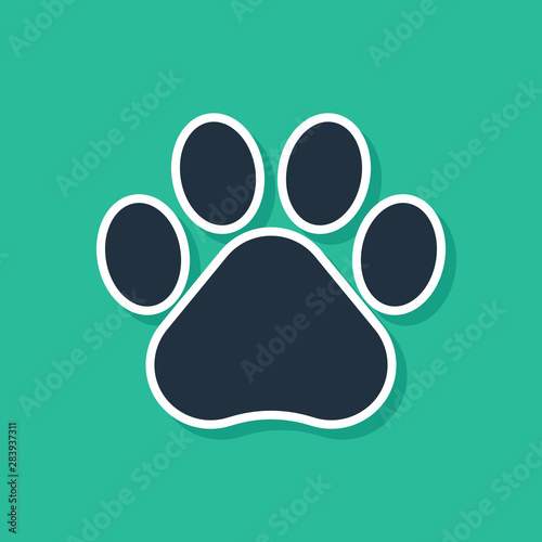 Blue Paw print icon isolated on green background. Dog or cat paw print. Animal track. Vector Illustration