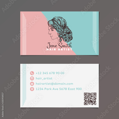 Vector business card. Wedding hairstyle sketch. Color background.