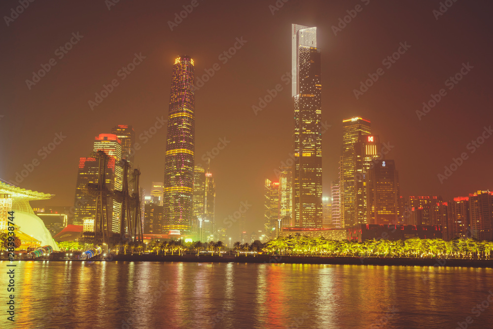 Zhujiang River and modern building of financial district at night in Guangzhou, China