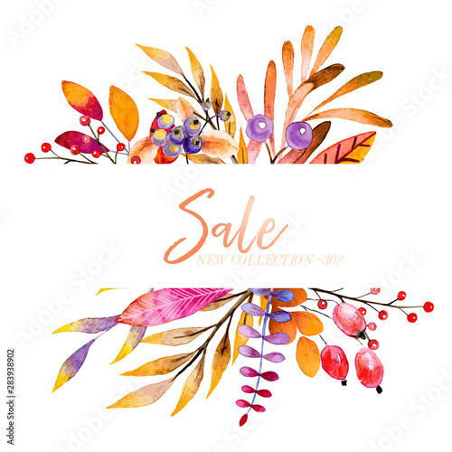 Vector hand drawn watercolor wreath of forest leaves, flowers, berries. Black friday discount. Autumn abstract branches. Mapple, orange, pumkin, guelder, dog rose. Season greeting, sale banner.