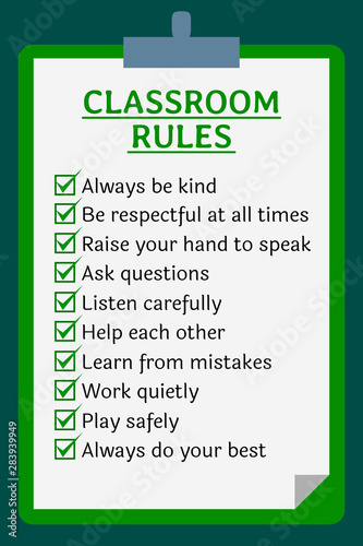 Classroom rules poster. Clipboard over green