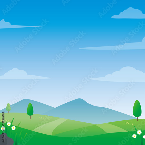 Hill vector with blue bright sky, cloud, and mountain suitable for illustration or background. Field vector illustration.