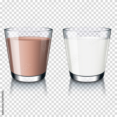Realistic transparent glass of milk and  cocoa in a glass (chocolate milk), isolated.