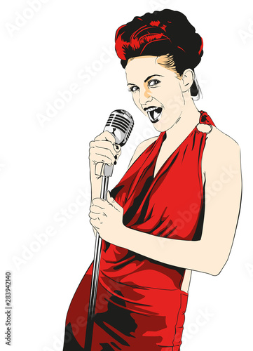 Lady singer red dress. Vector image