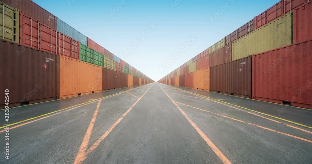 Endless rows of cargo shipping containers under blue sky. Camera moves slowly along stacked cargo containers painted in colors of different freight transportation business companies. Seamless loop.