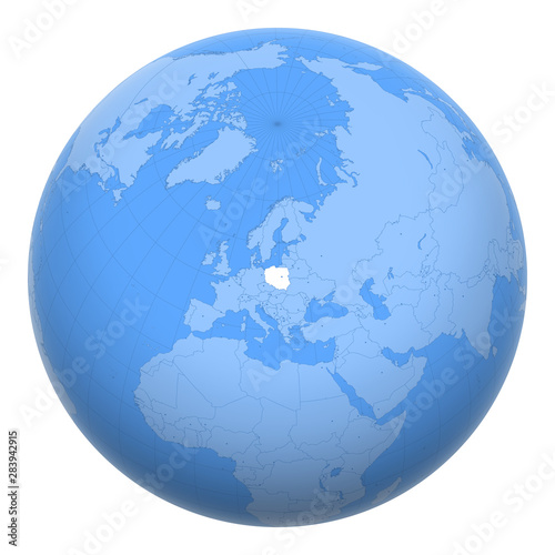 Poland on the globe. Earth centered at the location of the Republic of Poland. Map of Poland. Includes layer with capital cities.