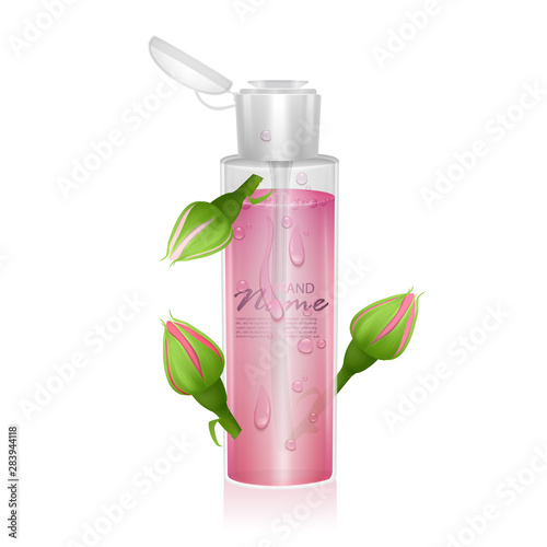 Template for design liquid packaging, design for catalog or magazine. Cosmetic package. Moisturizing toner, micellar water with rose extract Realistic vector illustration