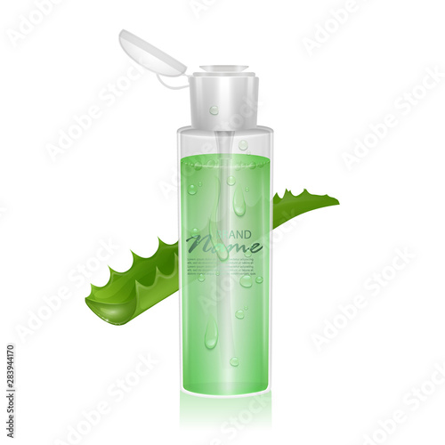 Realistic template for Cosmetic package. Moisturizing toner, micellar water with aloe vera extract, 3D Vector illustration