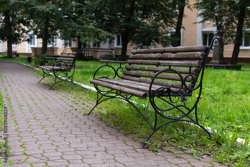 Wooden bench in a park. Summer evening Wooden bench in a park. Summer evening