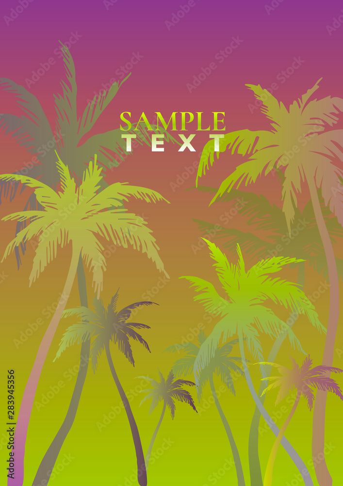 Tropic colorful background with palm tree silhouettes and space for text. Design elements. Vector illustration.