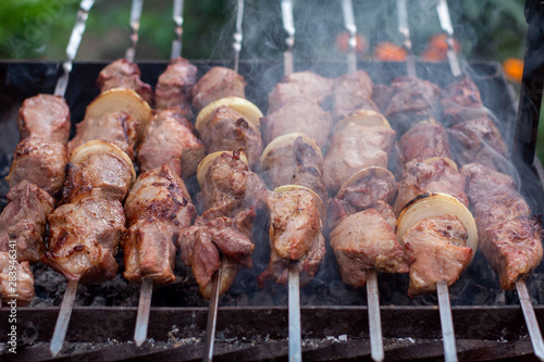 The meat is fried barbecue on a skewer in the garden with smoke