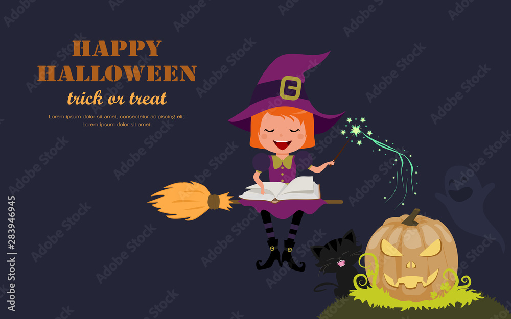 Cute little witch sitting on the flying broom with a magic wand and book of spells, reciting a charm to the pumpkin. Happy little ghost and black cat are in background. Happy Halloween concept vector 