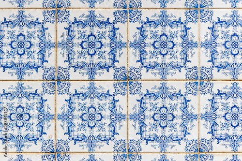 Nazare, Portugal - July 17, 2019: Weathered typical Portuguese blue tiles, aka azulejos