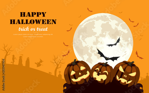 Jack-o'-lantern or halloween pumpkin lantern spooky scary smile with background of graveyard, bats, zombies, grim reaper, vampire, witch and full moon. Flat design vector illustration.
