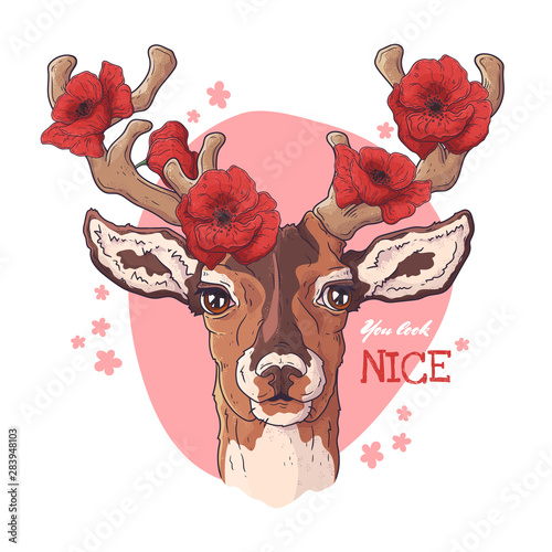 Vector sketching illustrations. Portrait of deer with poppies.