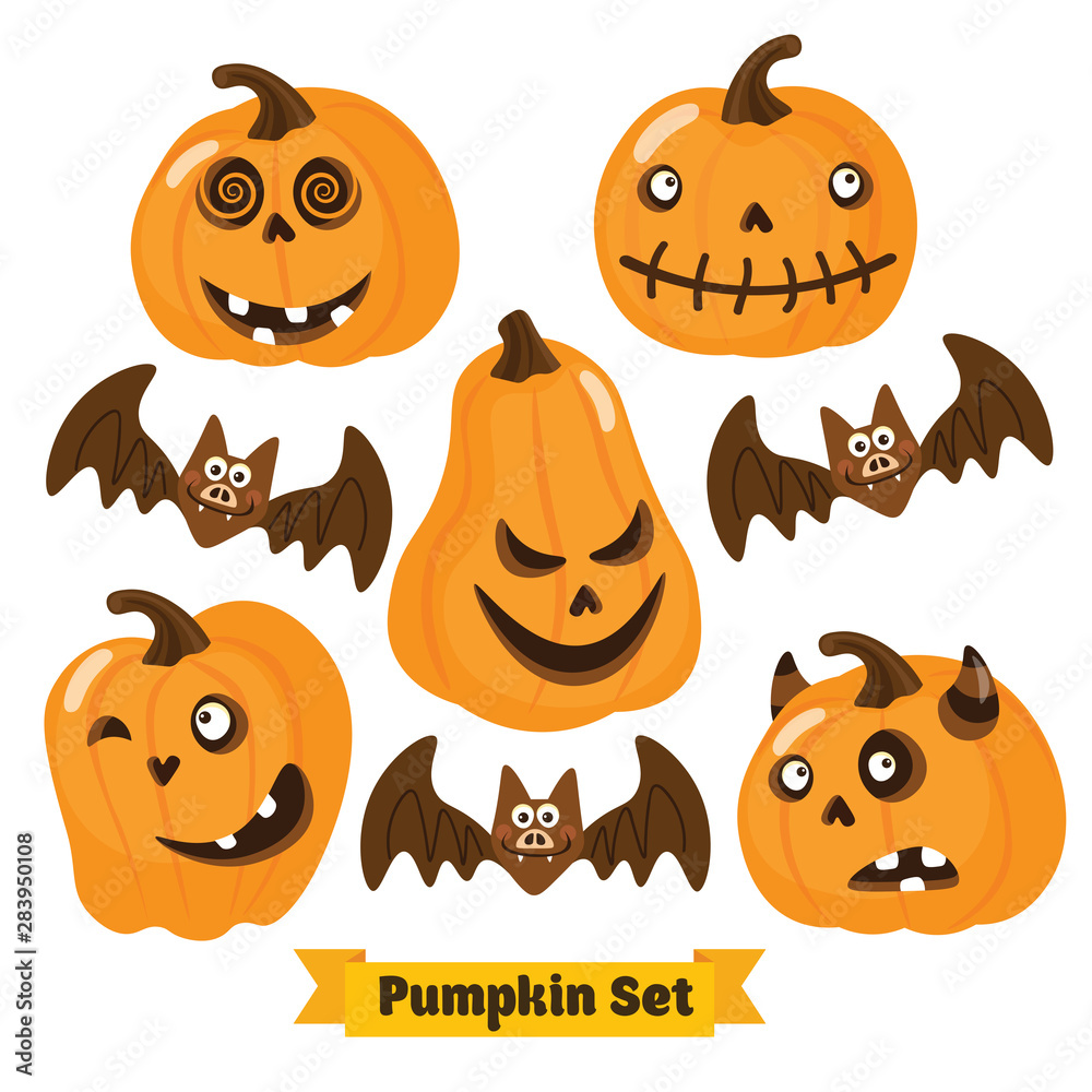 Fototapeta premium Halloween funny Pumpkin vector icons set. Simple flat style design. Halloween Pumpkin vector. Pumpkin head. Vector illustration. Child cartoon pumpkin
