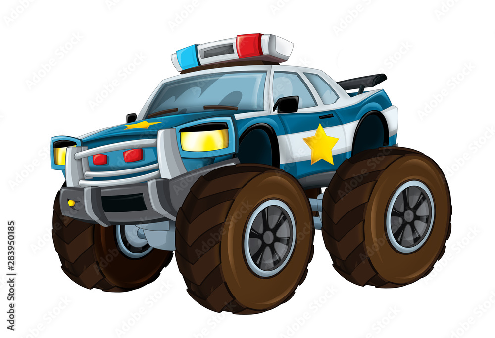 Cartoon police car like monster truck on white background - illustration  for children Stock Illustration | Adobe Stock