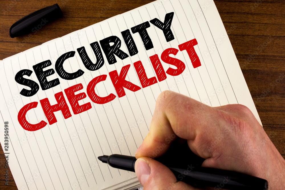 Conceptual hand writing showing Security Checklist. Business photo showcasing list with authorized names to enter allowing procedures written by Man Notebook Book Wooden background Marker. Conceptual hand writing showing Security Checklist. Business photo showcasing list with authorized names to enter allowing procedures written by Man Notebook Book Wooden background Marker.