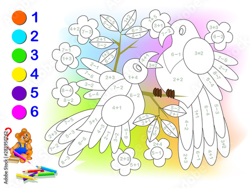 Educational page with exercises for children on addition and subtraction. Solve examples and paint the birds in relevant colors. Developing skills for counting. Printable worksheet for kids textbook.