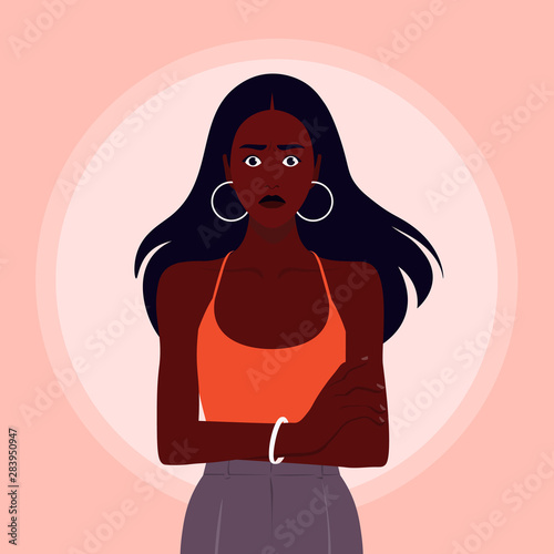 Portrait of a nervous African girl. Excited woman crossed her arms.  Shock and stress. Vector flat illustration