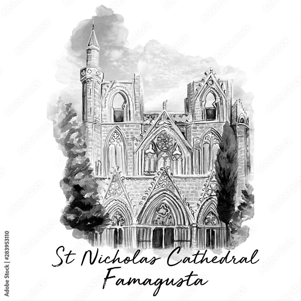st. Nicolas Cathedral, Cyprus, Famagusta, watercolor art