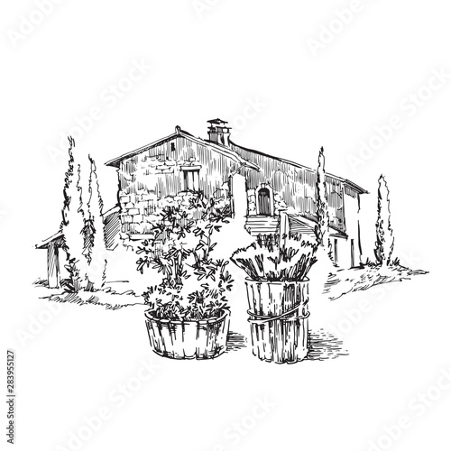 Hand made sketch of old street. Line art vintage style illustration.