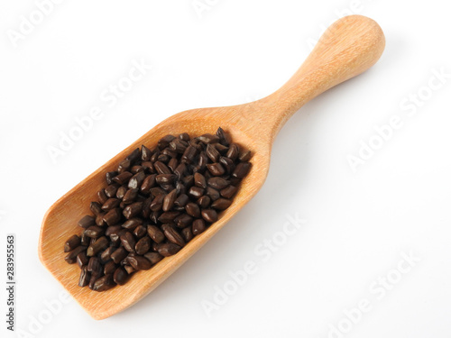 High angle view of organic fetid cassia seed also called ketsumei-shi on wooden spoon isolated on a white background. Asia traditional Chinese medicine. Good for the eyes.Cassia herb Tea. Copy space.