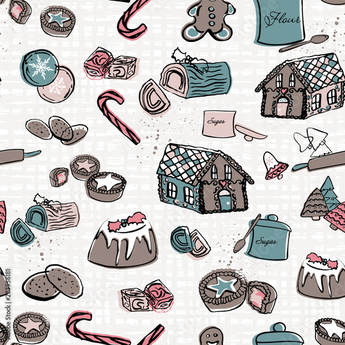 Christmas food pattern with cookies, gingerbread, pies and candy. Holiday season home baking print design. Vector.