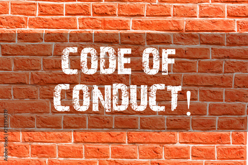Writing note showing Code Of Conduct. Business concept for Follow principles and standards for business integrity Brick Wall art like Graffiti motivational call written on the wall