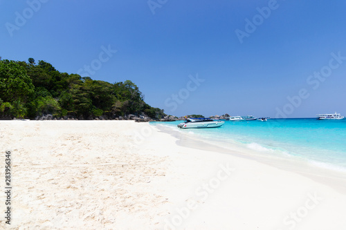 Landscape view ocean beautiful blue sky and boat Similan Island Thailand