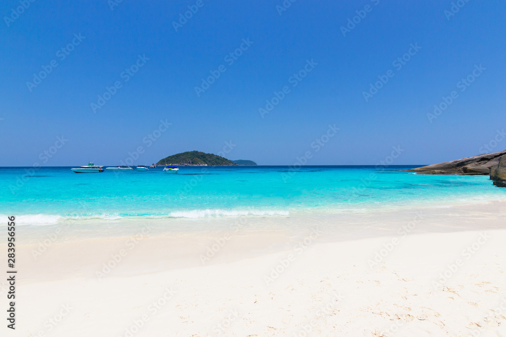 Landscape view ocean beautiful blue sky and boat  Similan Island Thailand