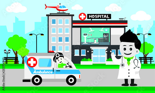 Vector of doctor team standing on a hospital building, Patient care concept, ambulance car background