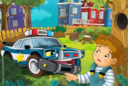 cartoon scene in the city with police car driving through the city to help child in the park - illustration for children