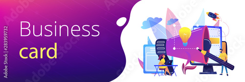Designers work on new brand and big megaphone. Brand identity and logo, business card, advertisement and graphic design concept on white background. Header or footer banner template with copy space.