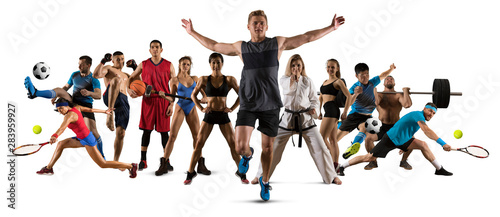 Fototapeta Naklejka Na Ścianę i Meble -  Sport collage. Running, soccer, fitness, bodybuilding, tennis, fighter and basketball players