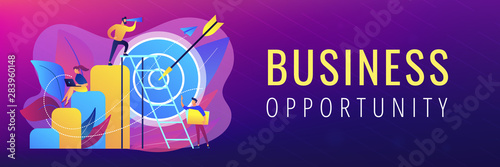 Businessman on top looking into telescope and employees. Business opportunity, bizopp and franchising, distribution concept on white background. Header or footer banner template with copy space.