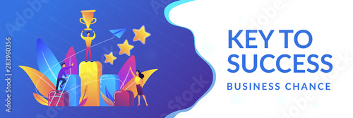 Businessman holds a cup on top of column graph. Key to success and success story, business chance, on the way to success concept on white background. Header or footer banner template with copy space.