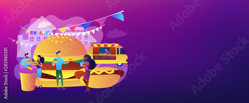 Tiny business people eating burgers and hot dogs in the street at truck on festival. Street food, city food truck, street food festival concept. Header or footer banner template with copy space.