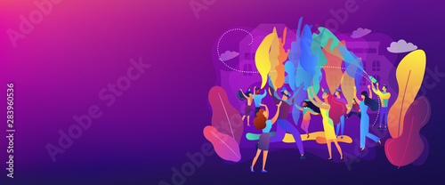 Tiny people enjoying traditional holiday of colors celebration. Holi festival, joyful and colorful festival, city festival day concept. Header or footer banner template with copy space.